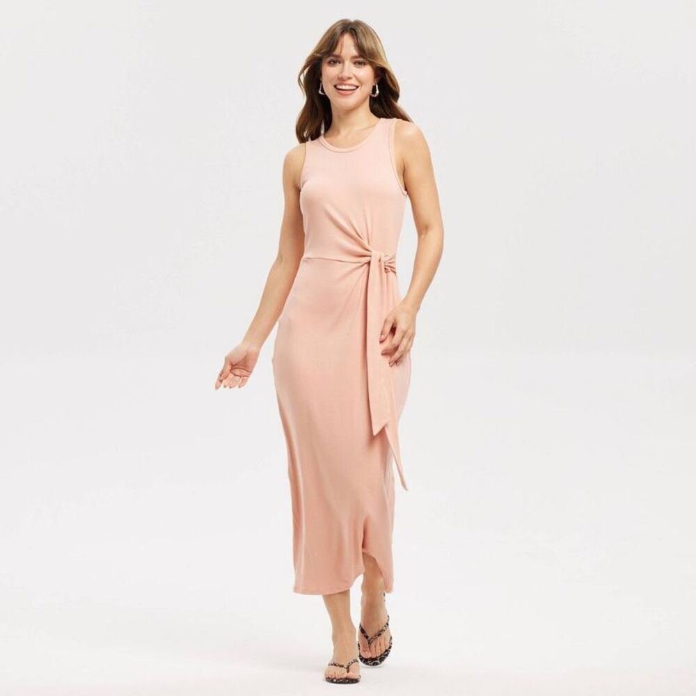 Women's Ribbed Tie-Waist Maxi Bodycon Dress - A New Day Coral Orange S